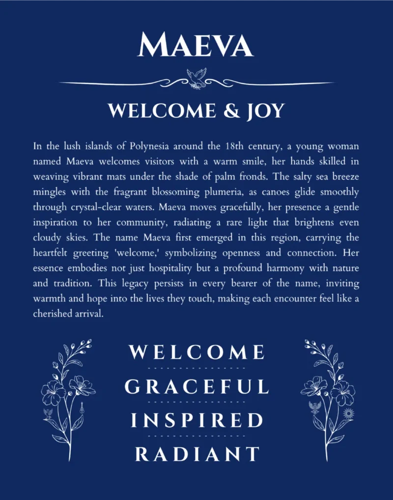 Maeva personalized name art with origin story in deep blue