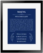 Maeva personalized name art with origin story in deep blue with black matte frame
