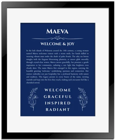 Maeva personalized name art with origin story in deep blue with black matte frame