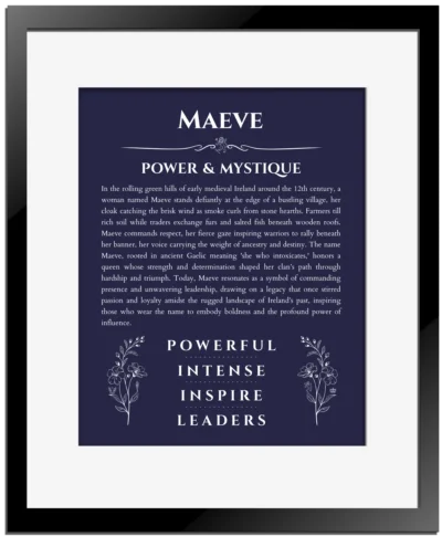 Maeve custom name print for wall display in navy blue with black matte frame