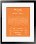 Maevis custom name print for wall display in orange with black matte frame