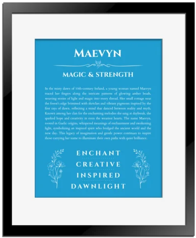 Maevyn custom name print for wall display in blue with black matte frame