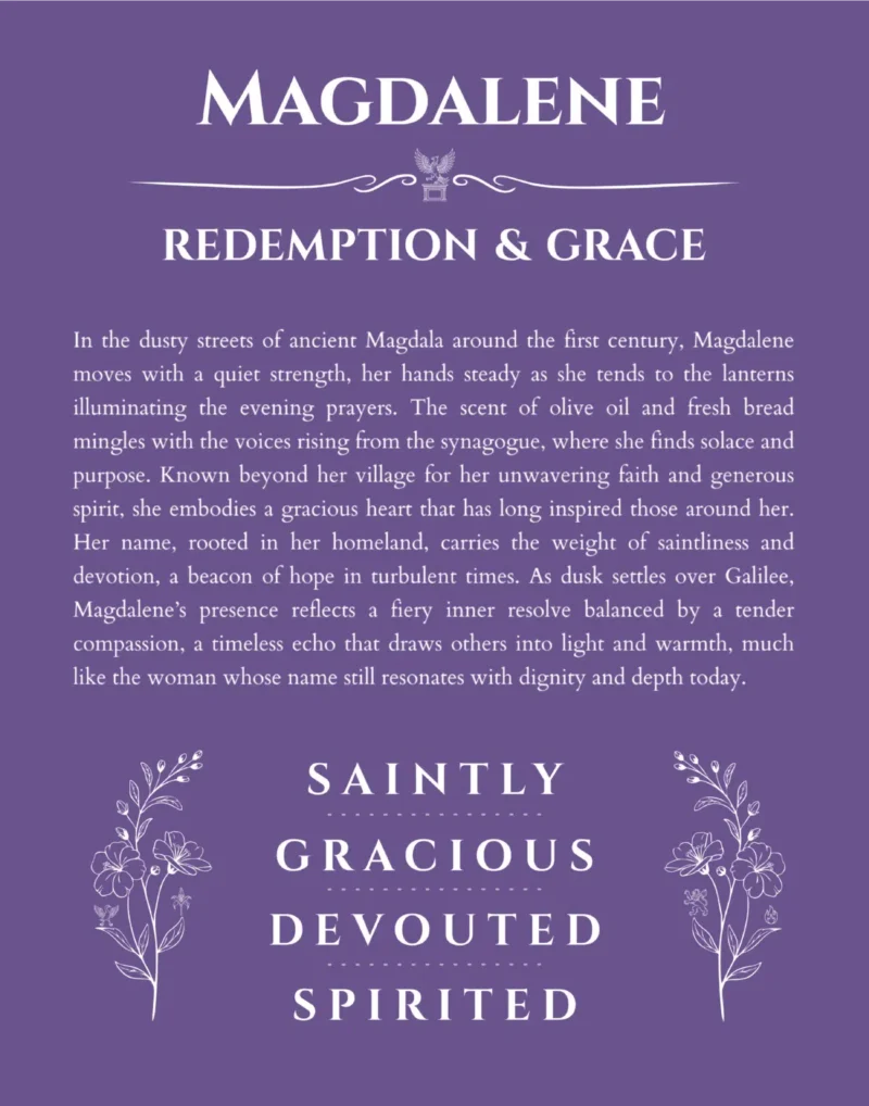 Magdalene personalized name art with origin story in purple