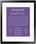 Magdalene personalized name art with origin story in purple with black matte frame