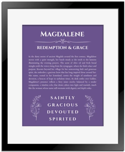 Magdalene personalized name art with origin story in purple with black matte frame