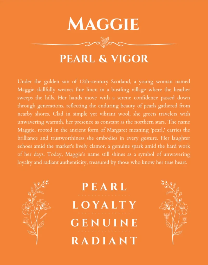 Maggie custom name art showing meaning and origin in orange