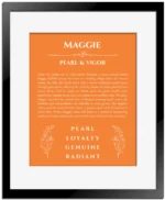 Maggie custom name art showing meaning and origin in orange with black matte frame