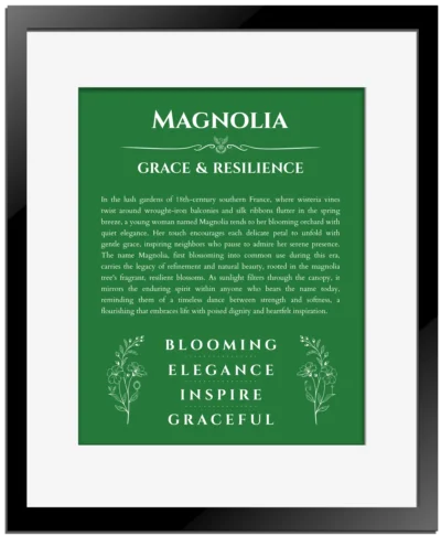 Magnolia name meaning wall art by Get Your Story in dark green with black matte frame