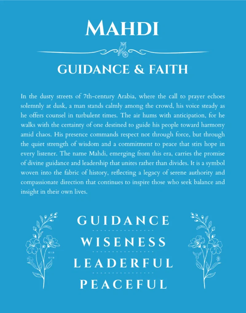 Mahdi personalized name print with origin and traits in blue