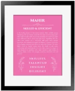 Mahir personalized name print with origin and traits in pink with black matte frame