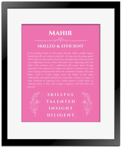 Mahir personalized name print with origin and traits in pink with black matte frame