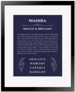 Mahira personalized wall art with the story of your name in navy blue with black matte frame