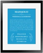 Mahmoud name meaning wall art by Get Your Story in blue with black matte frame