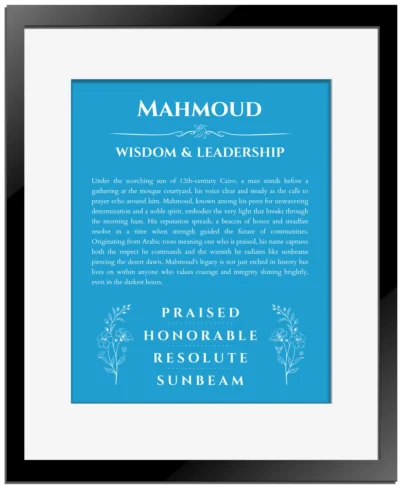 Mahmoud name meaning wall art by Get Your Story in blue with black matte frame