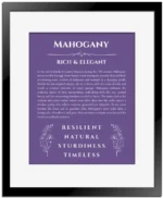 Mahogany personalized name art with origin story in purple with black matte frame