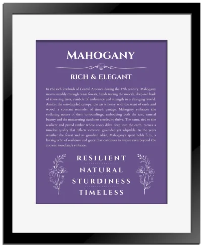 Mahogany personalized name art with origin story in purple with black matte frame