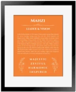 Mahzi custom name print for wall display in orange with black matte frame