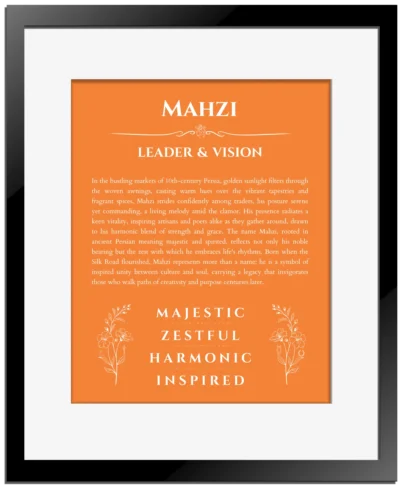 Mahzi custom name print for wall display in orange with black matte frame