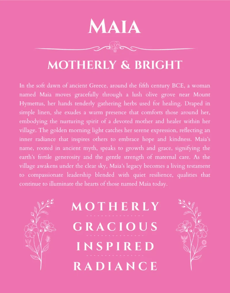 Maia personalized name print with origin and traits in pink