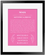 Maia personalized name print with origin and traits in pink with black matte frame