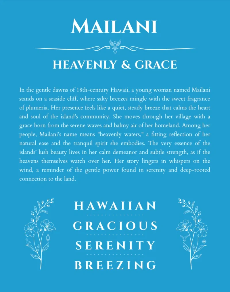 Mailani custom name art showing meaning and origin in blue