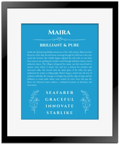 Maira custom name meaning print in blue with black matte frame