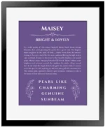 Maisey personalized name meaning print in purple with black matte frame