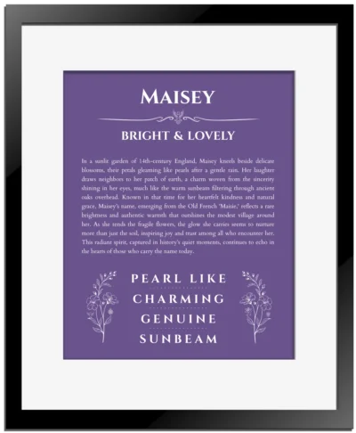 Maisey personalized name meaning print in purple with black matte frame