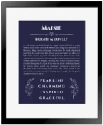 Maisie custom name print for wall display in navy blue with black matte frame