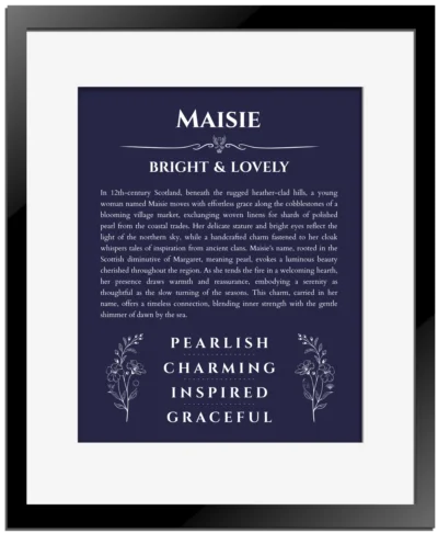 Maisie custom name print for wall display in navy blue with black matte frame