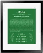 Maisy custom name print for wall display in dark green with black matte frame