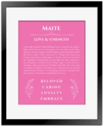 Maite personalized wall art with the story of your name in pink with black matte frame