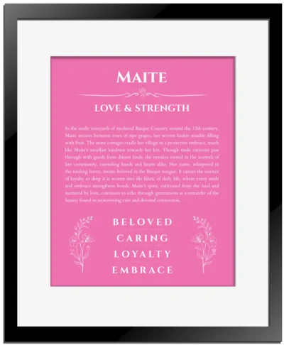 Maite personalized wall art with the story of your name in pink with black matte frame