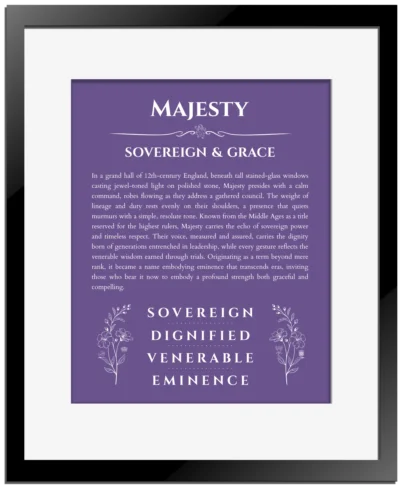 Majesty personalized wall art with the story of your name in purple with black matte frame