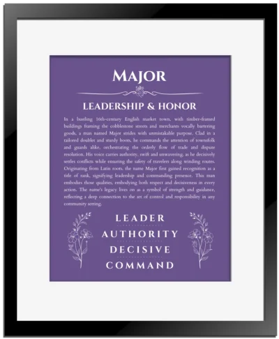 Major personalized name meaning print in purple with black matte frame