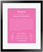 Makai personalized name print with origin and traits in pink with black matte frame