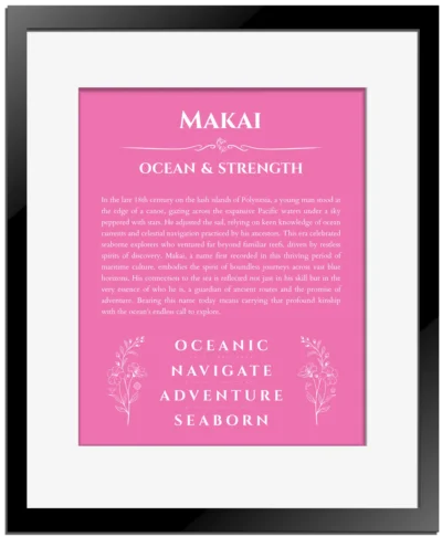 Makai personalized name print with origin and traits in pink with black matte frame
