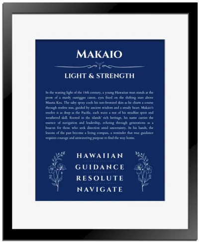 Makaio custom name meaning print in deep blue with black matte frame