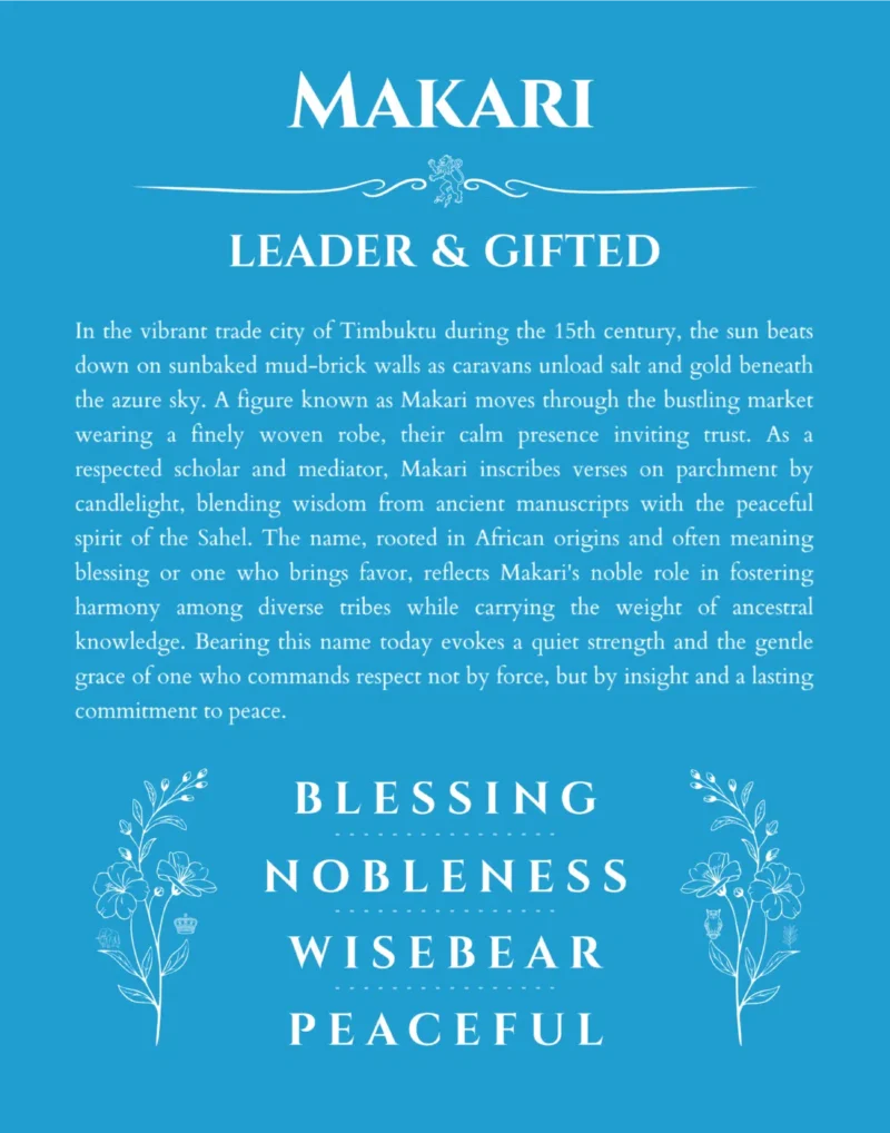 Makari personalized name art with origin story in blue
