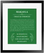 Makayla personalized name print with origin and traits in dark green with black matte frame