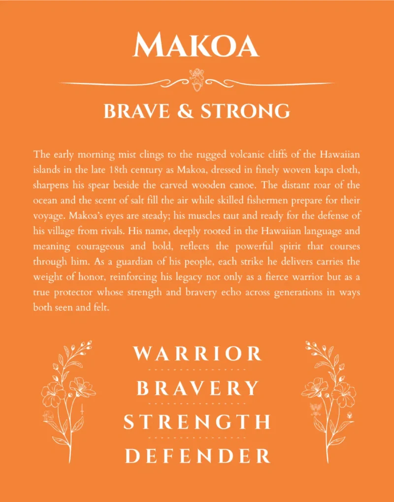 Makoa personalized name art with origin story in orange