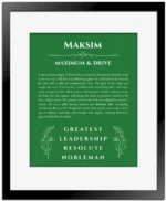 Maksim custom name meaning print in dark green with black matte frame