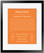 Malachai personalized name print with origin and traits in orange with black matte frame