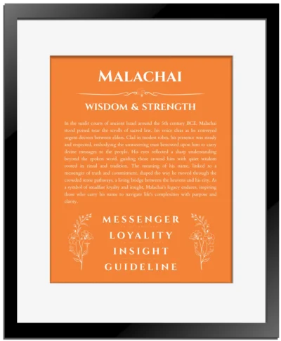 Malachai personalized name print with origin and traits in orange with black matte frame