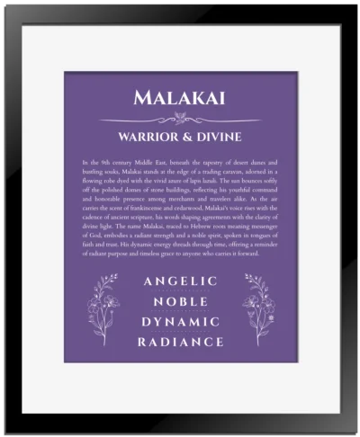 Malakai personalized name meaning print in purple with black matte frame