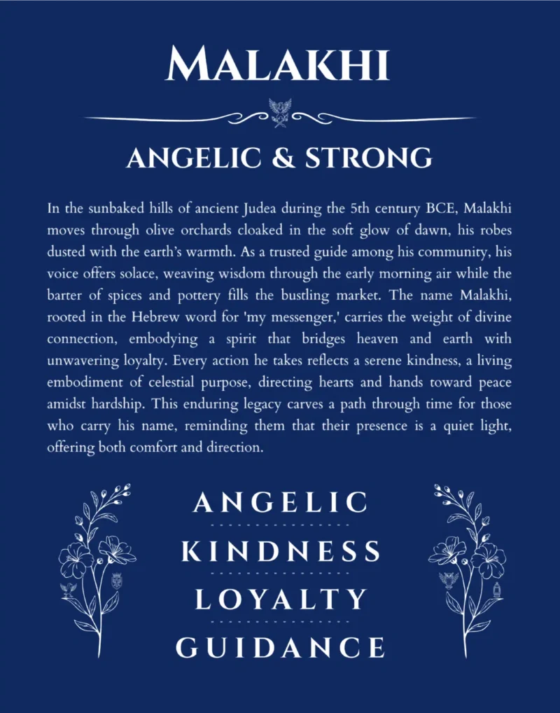 Malakhi name origin print with meaning and traits in deep blue