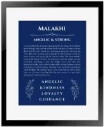 Malakhi name origin print with meaning and traits in deep blue with black matte frame