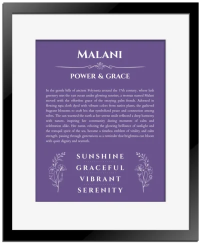 Malani custom name print for wall display in purple with black matte frame