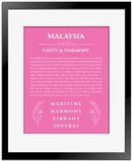 Malaysia personalized name print with origin and traits in pink with black matte frame