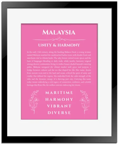 Malaysia personalized name print with origin and traits in pink with black matte frame